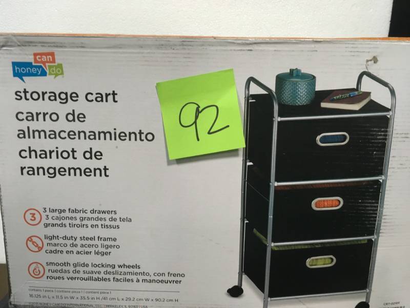 lot 92 image: Honey Can Do 3-Drawer Rolling Cart in Good Condition