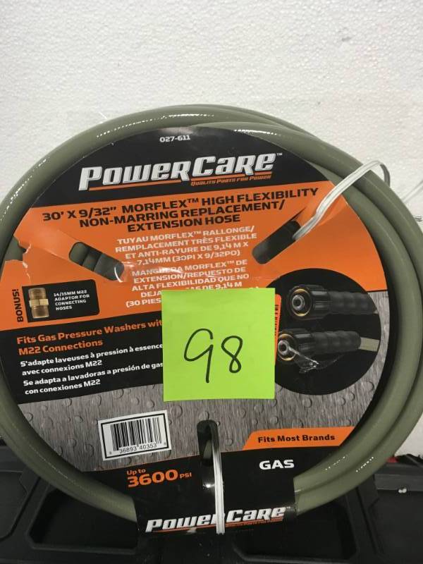 lot 98 image: Power Care 3,600 psi 932 in. x 30 ft. ReplacementExtension Hose with Adapter for Gas Pressure Washer in Good Condition