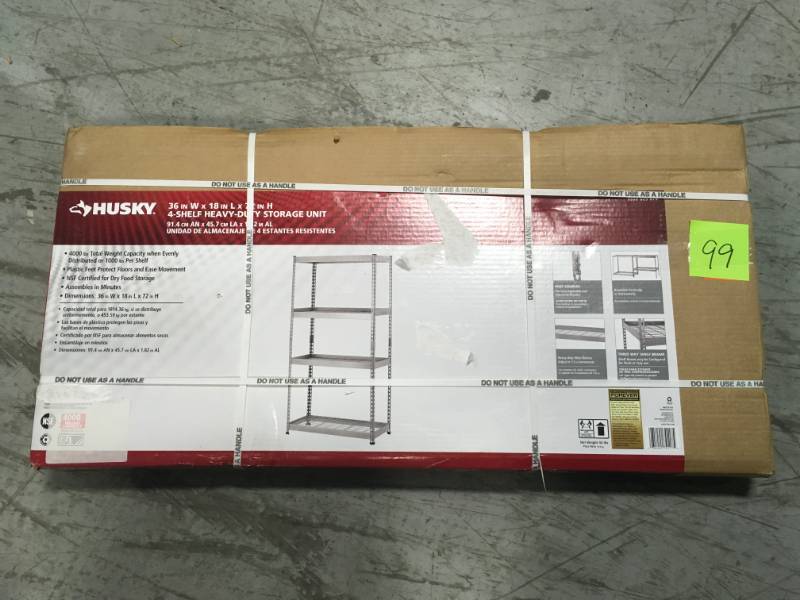 lot 99 image: Shelves & Shelf Brackets Husky Garage Shelving 4-Shelf 36 in. W x 72 in. H x 18 in Good Condition