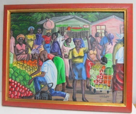 lot 39 image: Signed Original Oil Painting - Tropical Market Scene