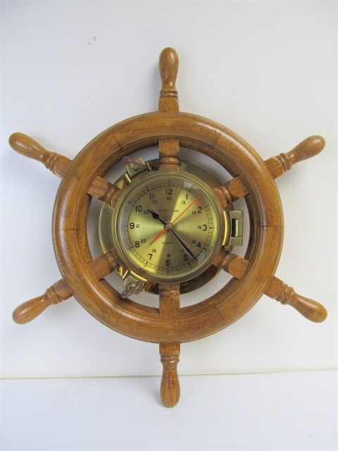 lot 44 image: Vintage Solid Brass & Oak Nautical Ships Time Wall Clock