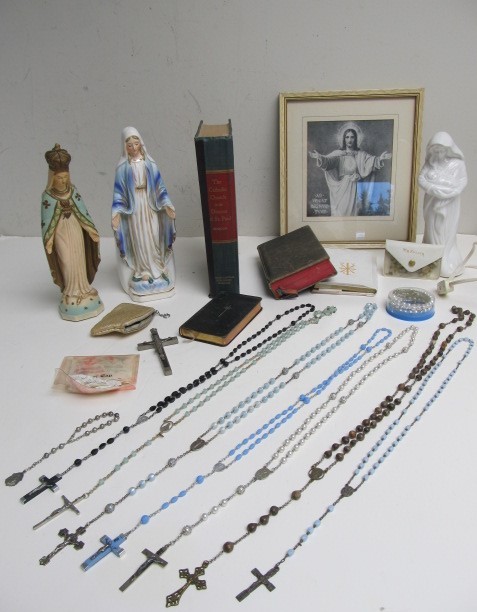 lot 66 image: Large Lot of Vintage Catholic Religious Items Sterling Rosaries etc