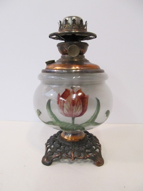 lot 122 image: Antique Hand Painted Glass Body Oil Lamp