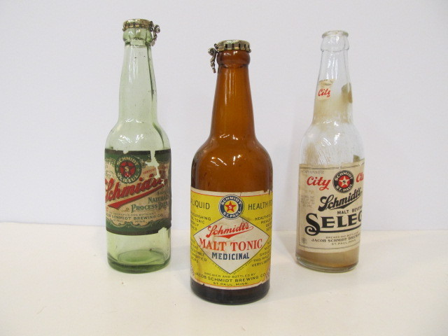 lot 154 image: Group of 3 OLD Vintage Paper Label SCHMIDT Beer Bottles 