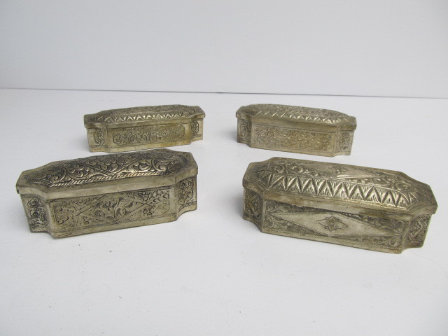 lot 72 image: 4 Vintage Hmong Hand Made Silver Plated Trinket Boxes