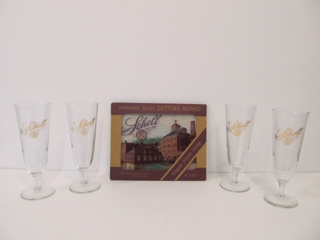 lot 200 image: SCHELL Beer Cutting Board wPilsner Glasses