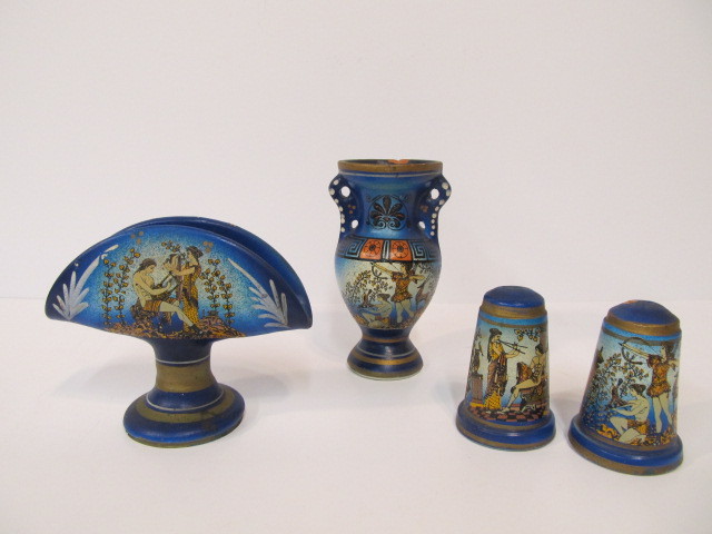 lot 217 image: Vintage Small Hand Painted Egyptian Motif Salt Pepper etc
