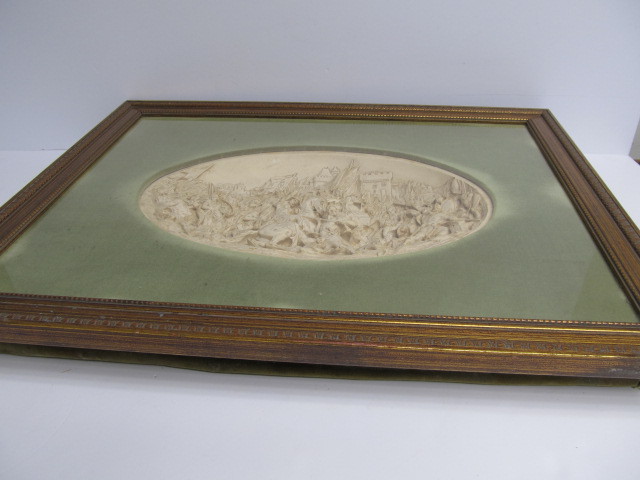 lot 38 image: Vintage Framed Medieval Battle Scene Deep Relief Artwork
