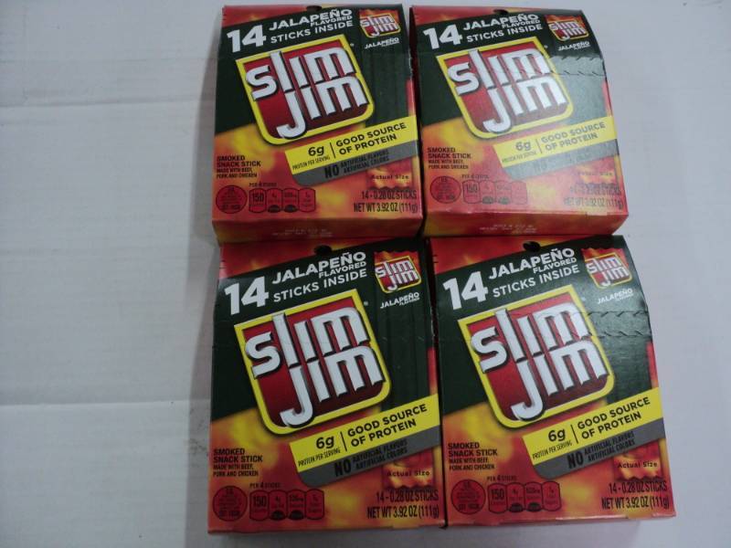 lot 394 image: 4 Pack Slim Jims- 14 sticks per pa...