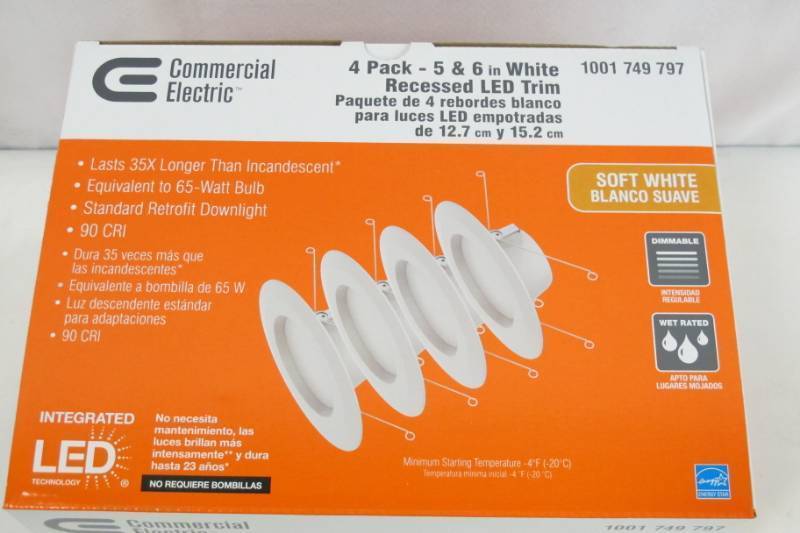 lot THD5 image: Commercial Electric 5 in. and 6 in. White Integrated LED Recessed Trim, 2700K Soft White (4-Pack) NEW in BOX