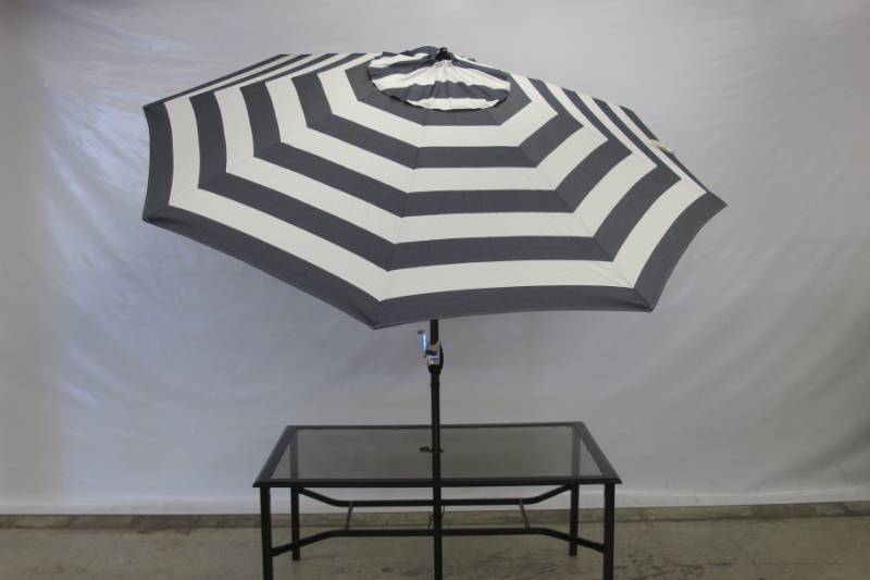 lot U1 image: Sunline Traditional 9 ft. Tiltable Navy Blue Stripe Market Umbrella - No BASETABLE INCLUDED