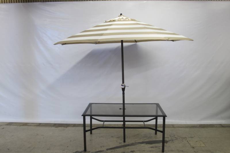 lot U2 image: Sunline Traditional 9 ft. Tiltable Tan Stripe Market Umbrella - No BASETABLE INCLUDED