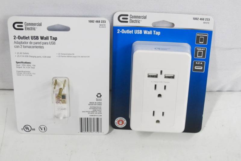 lot 78 image: Pair of NEW Commercial Electric 4.2 Amp 2-Outlet 2-USB Wall Tap Power Station, White