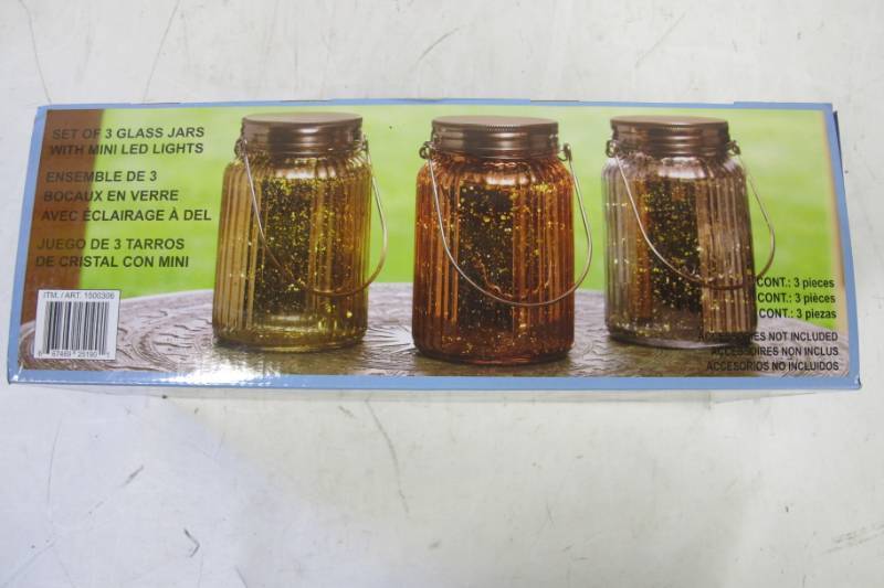 lot 52 image: Set of 3 Inside Outside Garden Glass Jars with Mini LED Lights