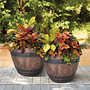 lot 5 image: Southern Patio Woodford Barrel, High Density Resin Outdoor Planter, 2-pack - NEW
