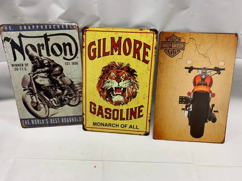 lot 54 image: 3 Metal Signs Harley Davidson, Norton, Gilmore Gasoline New