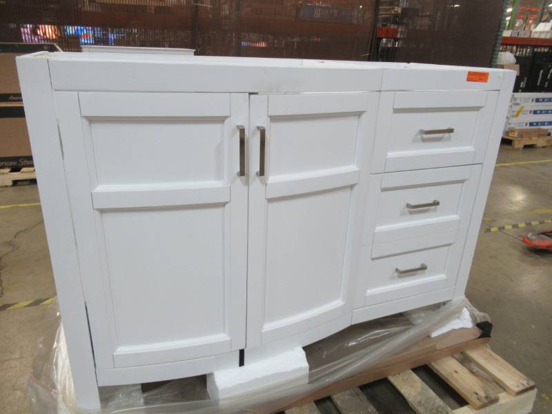 lot 24 image: allen  roth Moravia White Single Sink Vanity Cabinet 47 14 x 19 12 x 32 12 Tall,  1142VA-48-201 - Missing Vanity Top, Cracks on backside.