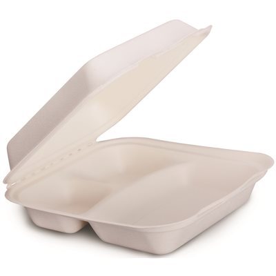 lot 122 image: Renown SELECT FOOD CONTAINER HINGED 3-COMPARTMENT 9 IN. X 9 IN. COMPOSTABLE 250 PER CASE, REN09251 - 1 Case
