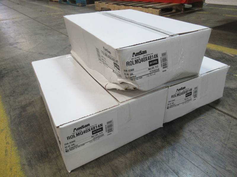 lot 155 image: Amsan 40 Gallon Natural Trash Bag - 250 pack - 3 Cases, ROLMQ40X4814N