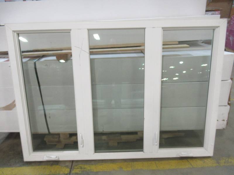 lot 98 image: Pella 3 Lite Casement Window. Side Windows Open, Center is fixed. Measures 72 58 X 50 X 3 18