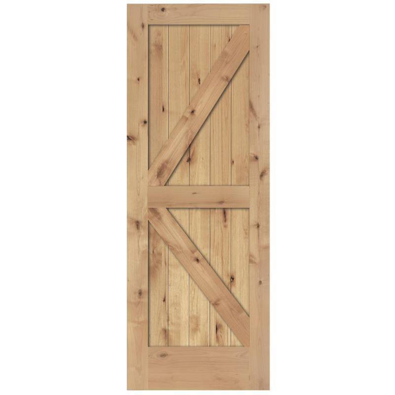 lot 102 image: Steves & Sons 36 in. x 80 in. 2-Panel Solid Core Unfinished Knotty Alder Interior Barn Door Slab Q64JKNNNAC99 - NEW