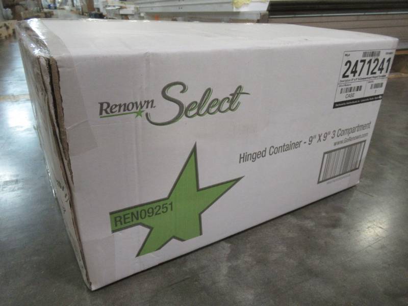 lot 128 image: Renown SELECT FOOD CONTAINER HINGED 3-COMPARTMENT 9 IN. X 9 IN. COMPOSTABLE 250 PER CASE, REN09251 - 1 Case