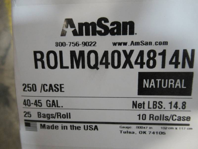 lot 157 image: Amsan 40 Gallon Natural Trash Bag - 250 pack - 3 Cases, ROLMQ40X4814N