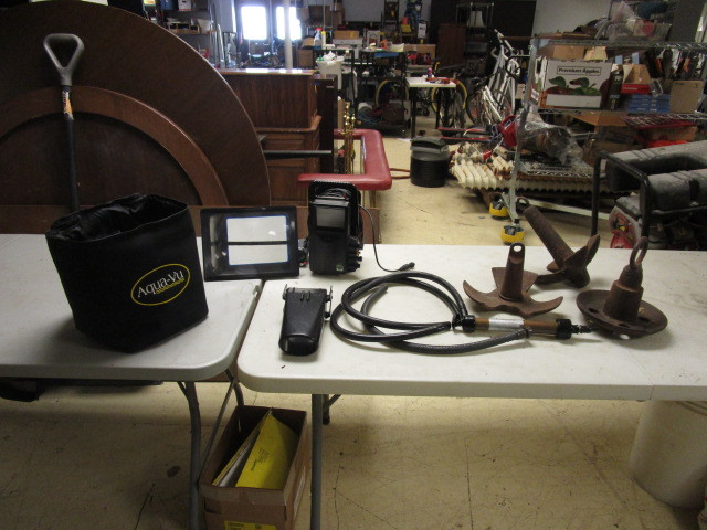 lot 150 image: CABELAS AQUA-VUE UNDERWATER CAMERA SYSTEM, MARINE HAND PUMP AND THREE ANCHORS