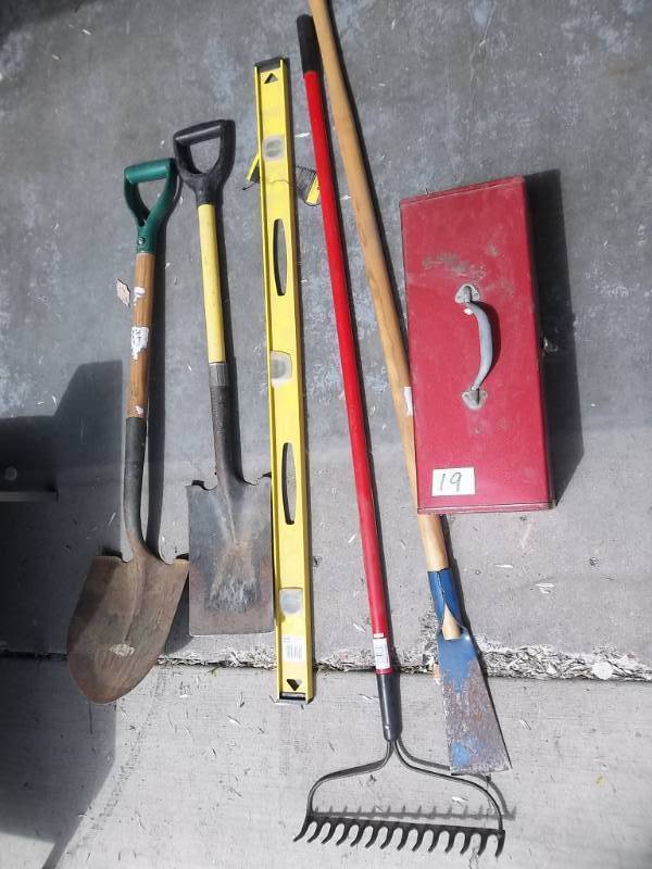 lot 19 image: Tool Box, Level, Shovels, Hard Rake Scraper