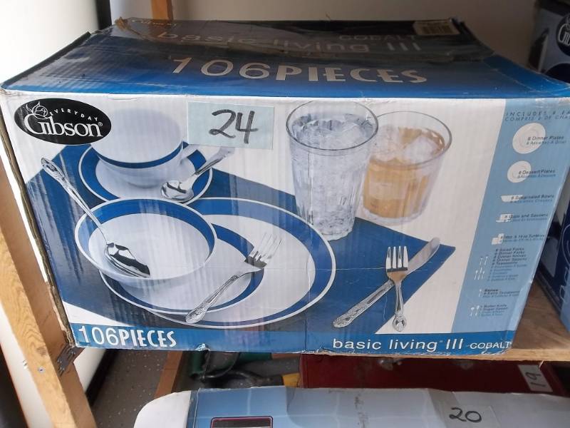 lot 24 image: Gibson New Dish Set 106 Pieces Cobalt Rim Service For 8. Includes Flat Ware