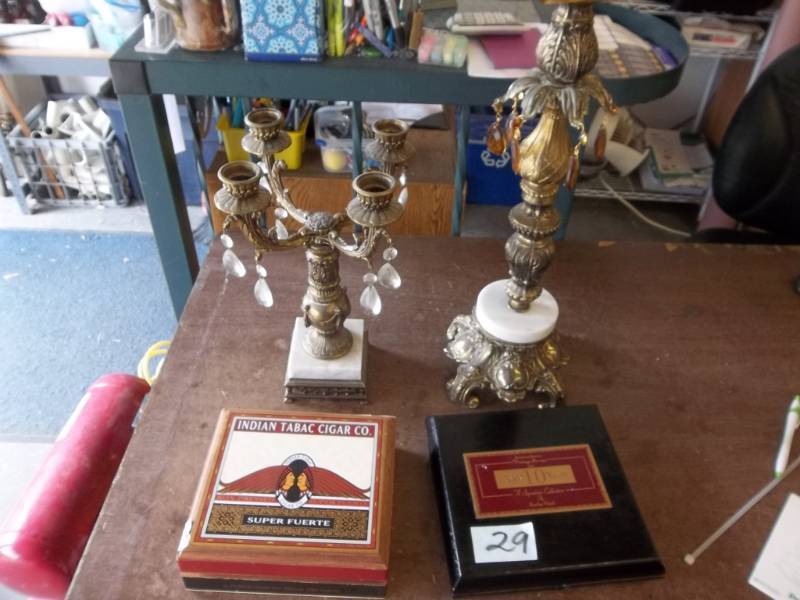 lot 29 image: 26 Inch Amber Glass Ash Tray Stand With Prisms & Marble Base, 14 Inch Candelabra With Marble Base, 2 Vintage Cigar Boxes