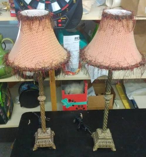 lot 30 image: Pair Of Metal Base Lamps With ThreadFringe Trim Shades