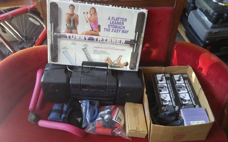 lot 50 image: Emerson Dual Deck Boom Box & Exercise Related-Tummy Trimmer, Thigh Thinner, Weights, More