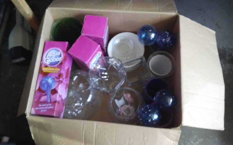 lot 57 image: Box Lot Of Plant & Floral Related  Glass Watering Globes, Crystal & Other Bouquet Vases, More
