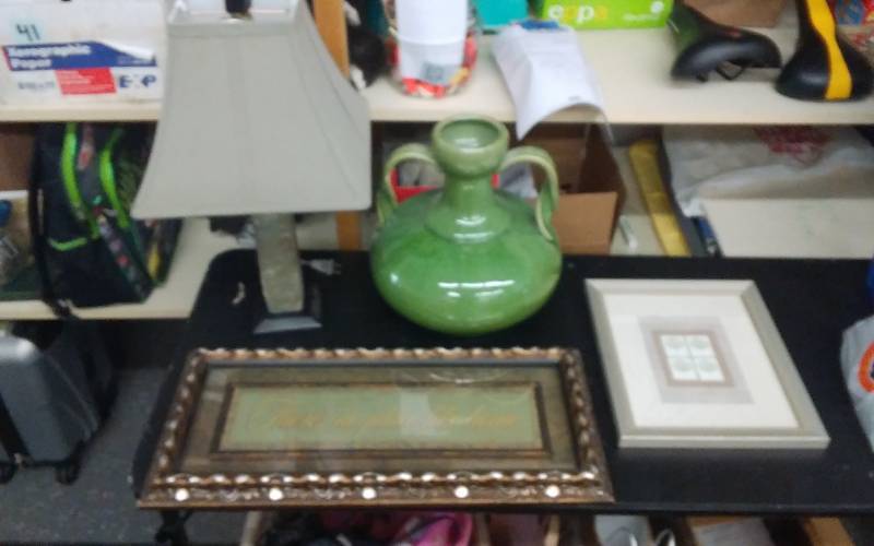 lot 64 image: Stone Look Lamp With Shade, 2-Pictures, Large Green Jardiniere Vase