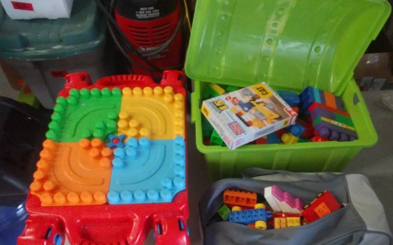 lot 65 image: Treasure Chest & Duffel Bag FULL Of Mega & Duplo Building Blocks With Folding Table To Build On