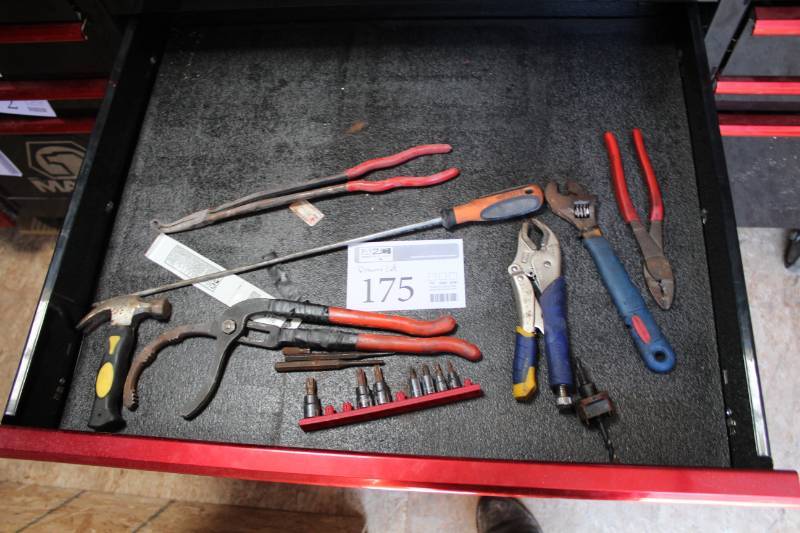 lot 175 image: Hammer, Pliers, Vise Grips, Adjustable Wrench, Screwdrivers