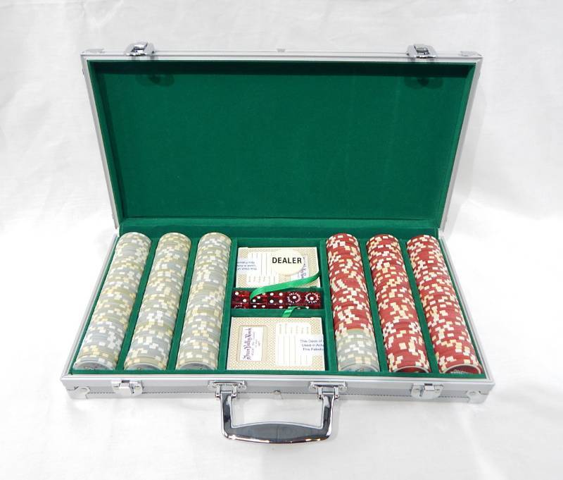 300 Chip Aluminum Poker Chip Case with Playing Cards, Dice and Las Vegas Theme Multi-Denomination Chips