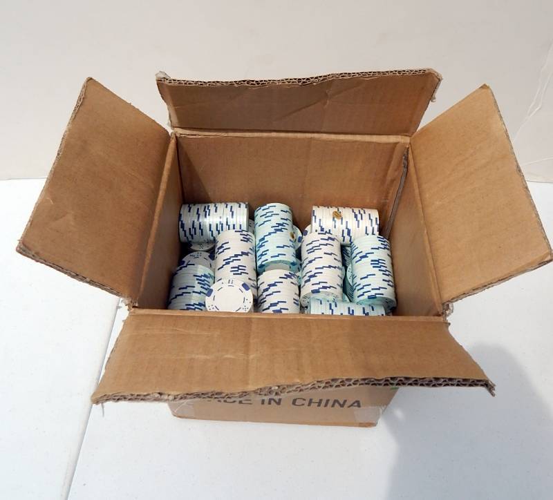 Case of 1000 White with Blue 11.5 Gram Clay Composite Poker Chips with Dice Design