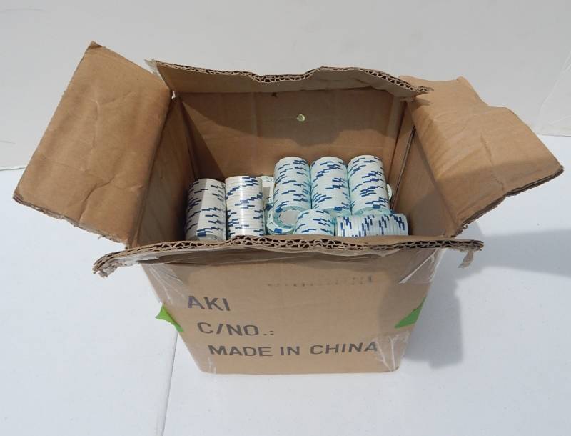 Case of 1000 White with Blue 11.5 Gram Clay Composite Poker Chips with Dice Design
