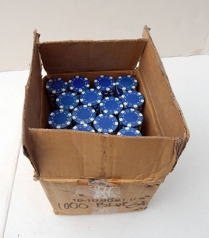 Case of 1000 Blue with White 11.5 Gram Clay Composite Poker Chips with Dice Design