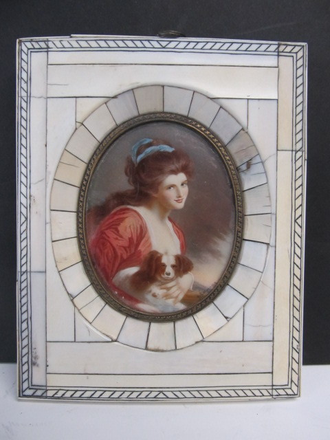 lot 61 image: Original Antique 19th Century Miniature Painted Ivory Portrait - Signed George Romney