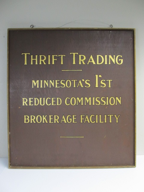 lot 70 image: Large Original Vintage Painted Wooden THRIFT TRADING Brokerage Stock Market Trading Sign