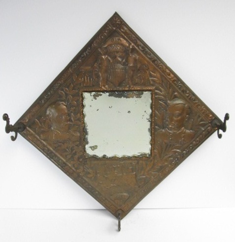 lot 90 image: Original Antique OUR BOYS OF MAINE Embossed Brass Hat Rack Mirror #1