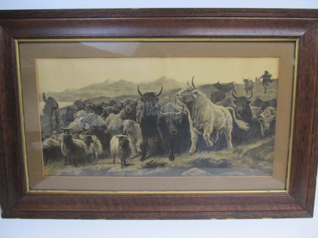 lot 143 image: Antique 1890s Framed Cattle Herding Print