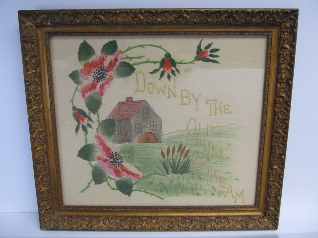 lot 146 image: Antique Framed Embroidered Artwork - Down By The Old Mill Stream