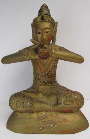 lot 148 image: Large 19 Antique Wood Carved Thai Deity Phra Aphai Mani Figure Playing Flute