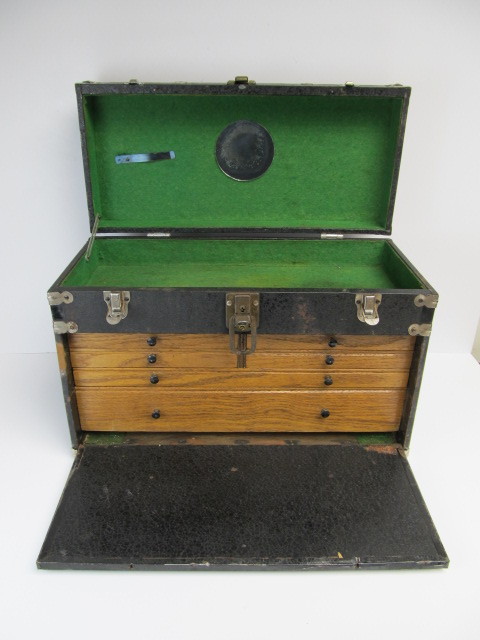 lot 151 image: Antique Oak & Metal Machinists Tool Chest