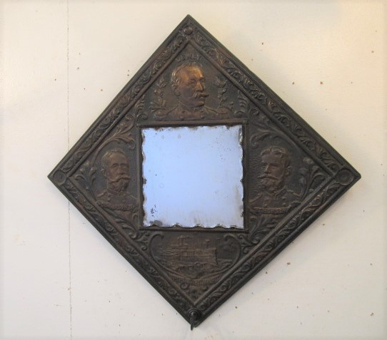 lot 166 image: Original Antique OUR BOYS OF MAINE Embossed Brass Hat Rack Mirror