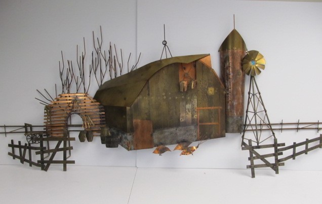 lot 106 image: HUGE Vintage Brass & Copper Mid Century Farm Scene Wall Sculpture by Wiley